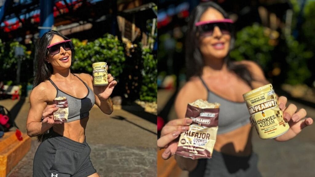 vivi sanches com alfajor e pasta de amendoin dr peanut